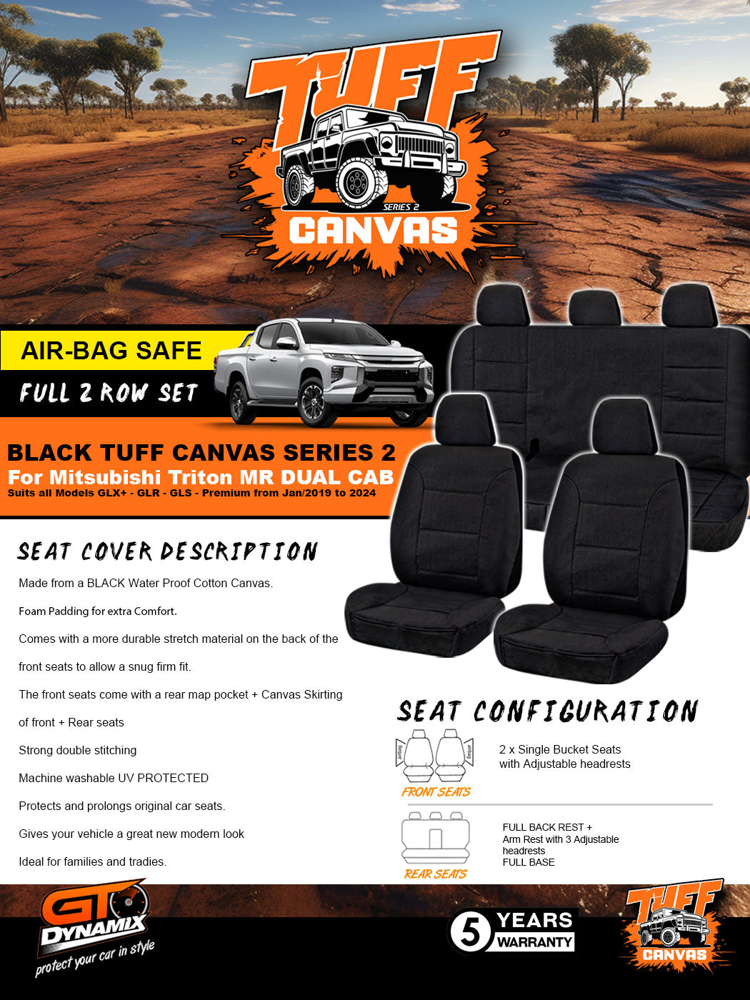 BLACK Tuff Canvas S2 Seat Covers for Mitsubishi Triton MR DUAL CAB GLX GLR GLS Premium 1/2019-24