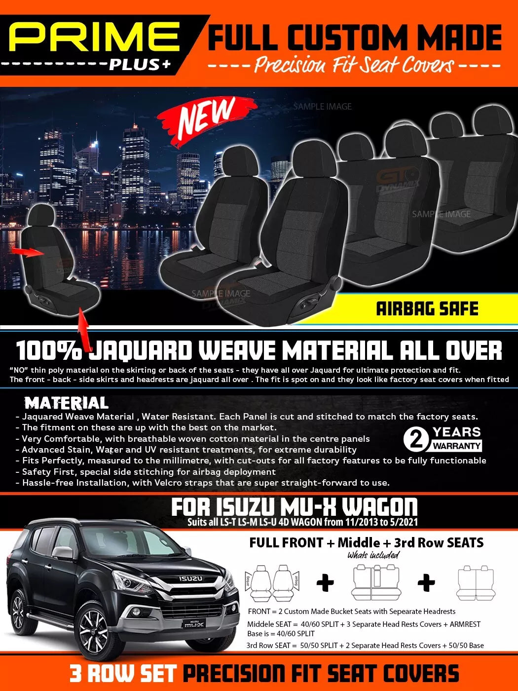 PRIME PLUS Seat Covers 3 Rows Black For Isuzu MU-X LS-T LS-M LS-U 11/2013-5/2021