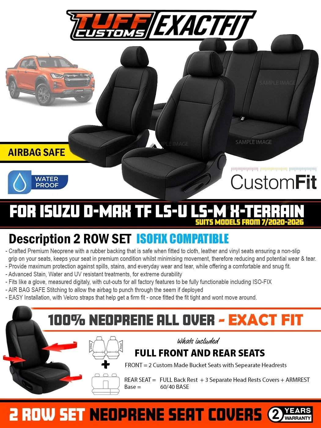 TUFF Customs EXACTFIT 2 Rows Neoprene Seat Covers Isuzu Dmax D-MAX TF LS-U LS-M X-Terrain Blade 7/2020-2026