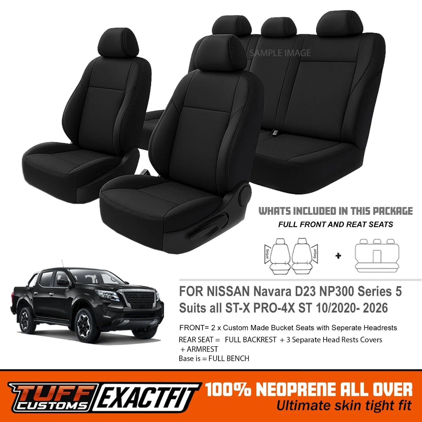 TUFF Customs EXACTFIT 2 Rows Neoprene Seat Covers Nissan Navara D23 NP300 ST ST-X PRO-4X 10/2020-2025