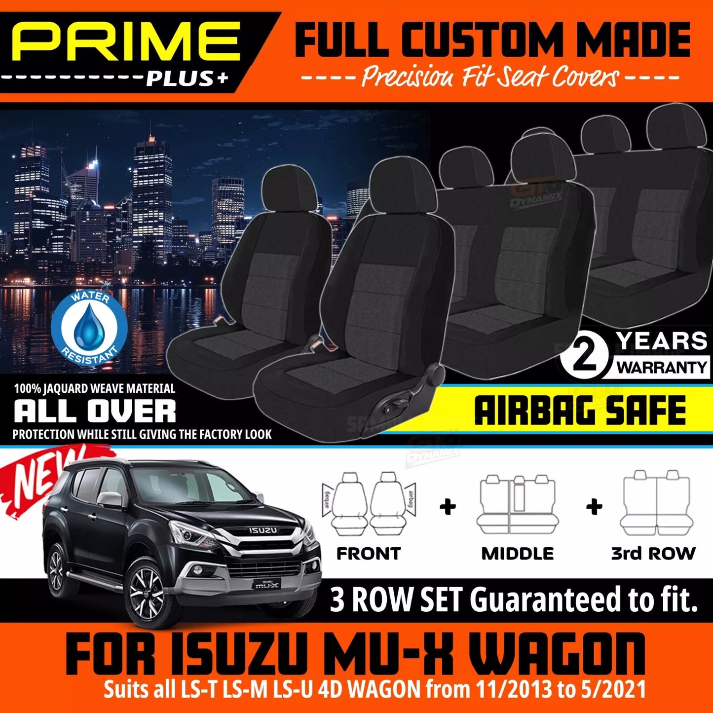PRIME PLUS Seat Covers 3 Rows Black For Isuzu MU-X LS-T LS-M LS-U 11/2013-5/2021
