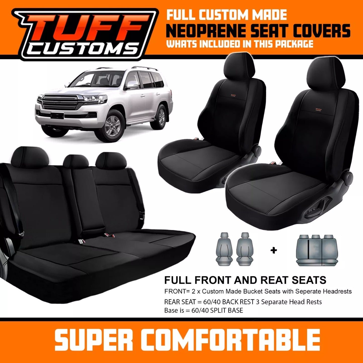 TUFF Customs S1 Neoprene Seat Covers 2 Rows For Toyota Landcruiser 200 Series GXL 11/2007-2021