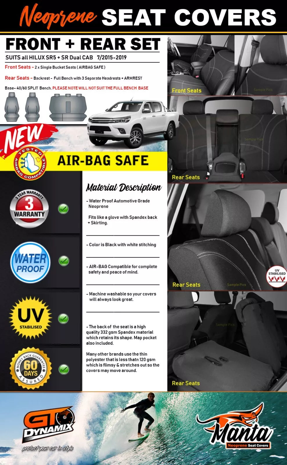 Manta Neoprene 2 Rows Seat Covers For Toyota Hilux SR5 SR 7/2015-2025