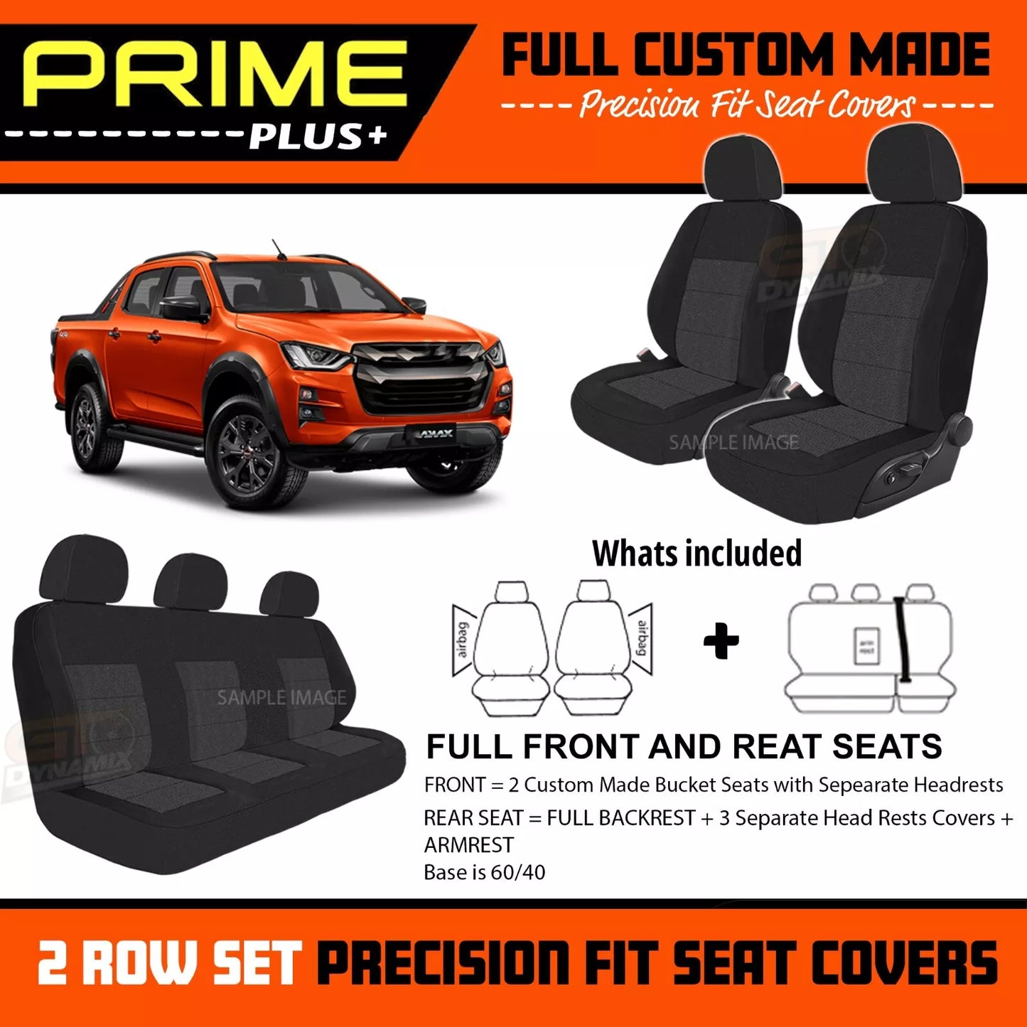 PRIME PLUS Seat Covers 2 Rows Black For Isuzu D-MAX TF LS-U LS-M X-Terrain 6/2021-2025
