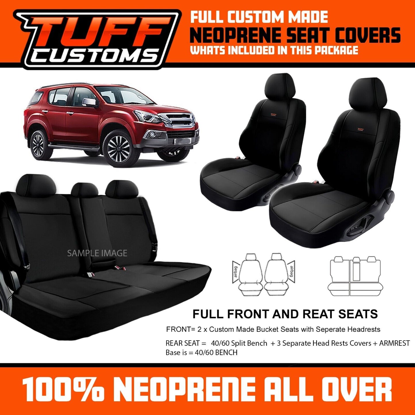 TUFF Customs Neoprene Seat Covers For Isuzu MUX MU-X LS-M LS-U UC 11/2013-5/2021 Black 2 Rows