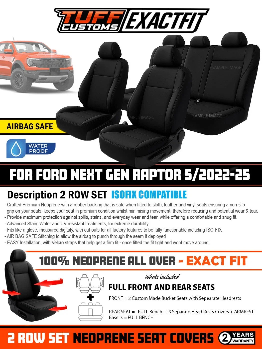 TUFF Customs EXACTFIT 2 Rows Neoprene Seat Covers FORD NEXT GEN RANGER RAPTOR 5/2022-2025