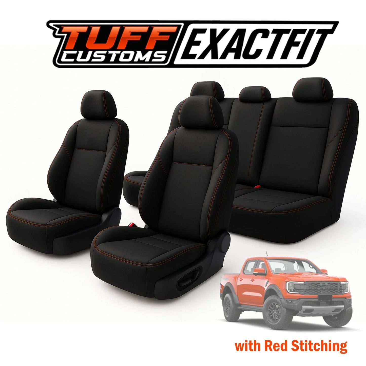 TUFF Customs EXACTFIT 2 Rows Neoprene Seat Covers FORD NEXT GEN RAPTOR 2022-2025 RED STITCH