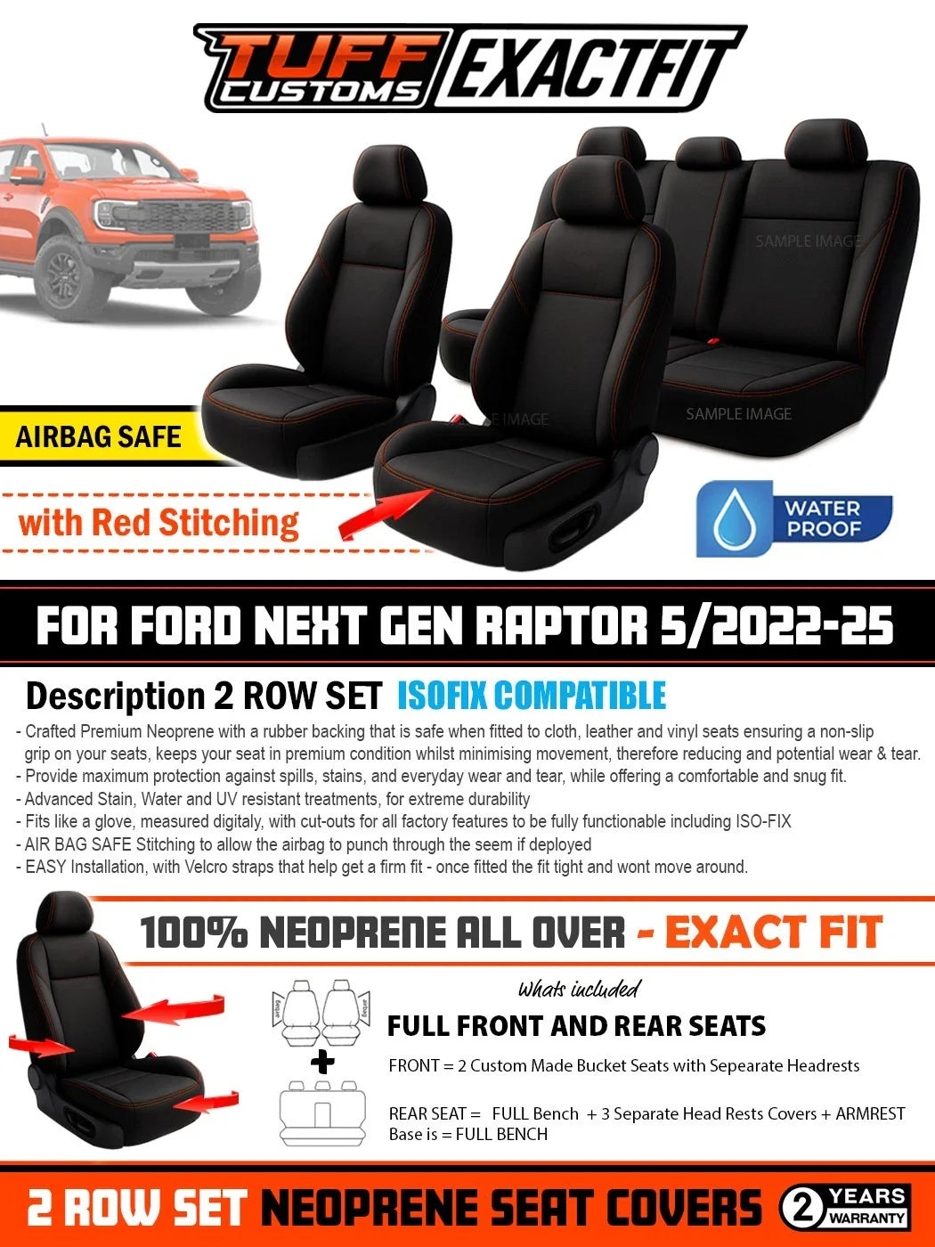 TUFF Customs EXACTFIT 2 Rows Neoprene Seat Covers FORD NEXT GEN RAPTOR 2022-2025 RED STITCH