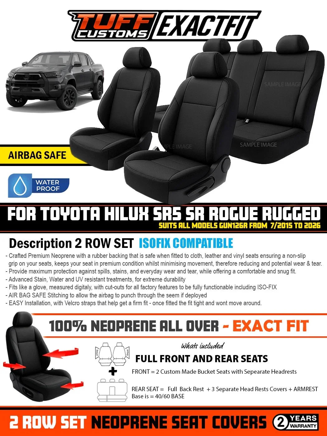 TUFF Customs EXACTFIT 2 Rows Neoprene Seat Covers for Toyota HILUX SR5 SR Rouge Rugged 7/2015-2026