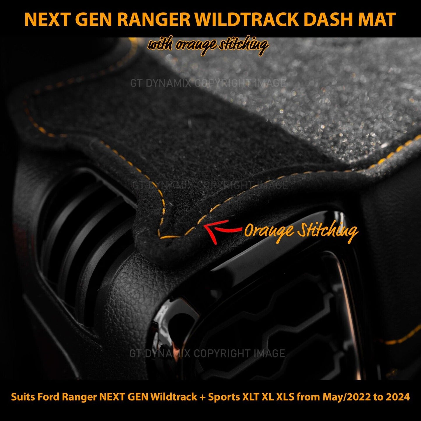 Shevron Dash Mat FORD RANGER Wildtrack NEXT GEN 2022-2025 DMO1652 Black + Orange Stitching