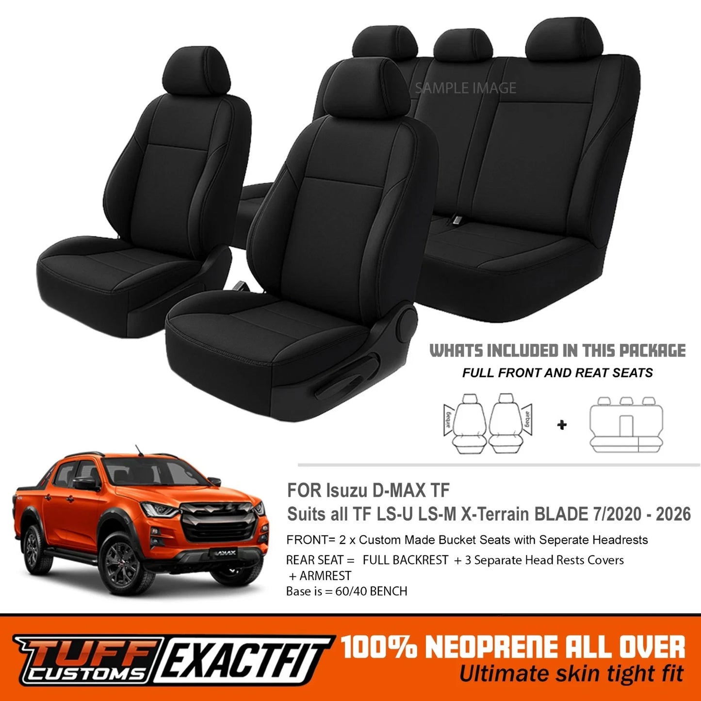 TUFF Customs EXACTFIT 2 Rows Neoprene Seat Covers Isuzu Dmax D-MAX TF LS-U LS-M X-Terrain Blade 7/2020-2026