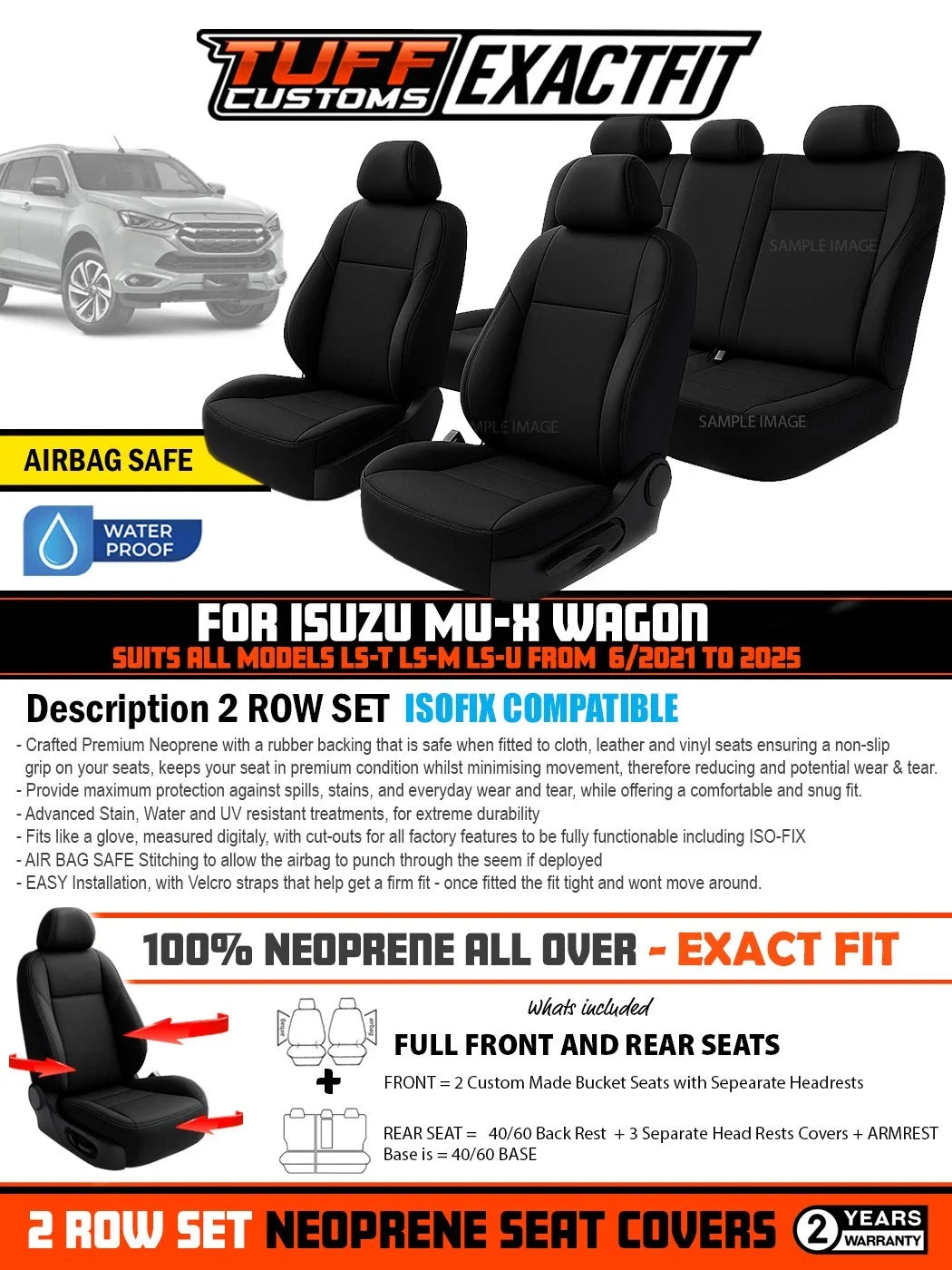 TUFF Customs EXACTFIT 2 Rows Neoprene Seat Covers Isuzu TF MU-X MUX LS-U LS-M LS-T 6/2021-2025