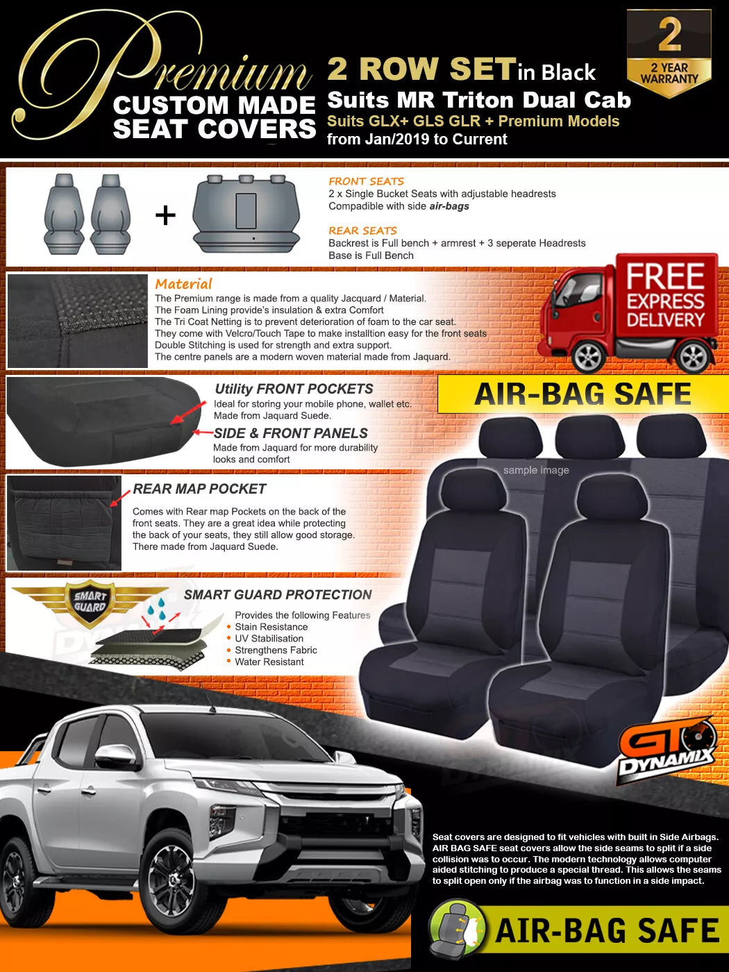 Premium Seat Covers 2 Rows Black For Mitsubishi Triton MQ MR GLX GLS GLX+ 2015-2023