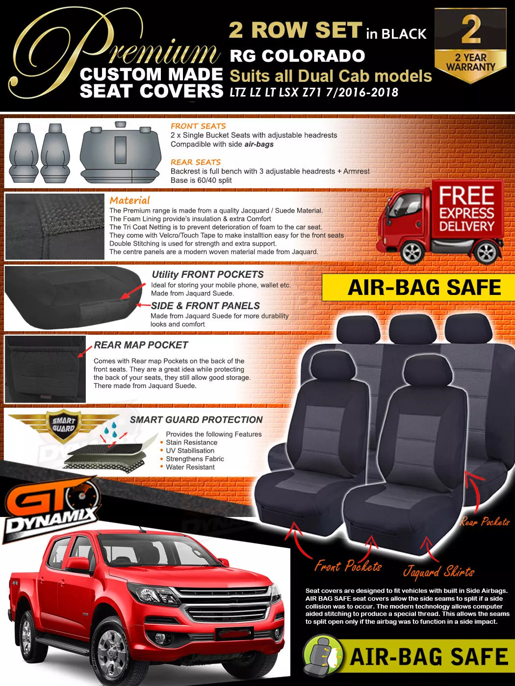 Premium Seat Covers 2 Rows Black For HOLDEN COLORADO RG Crew Cab LTZ LZ 7/2016-2020
