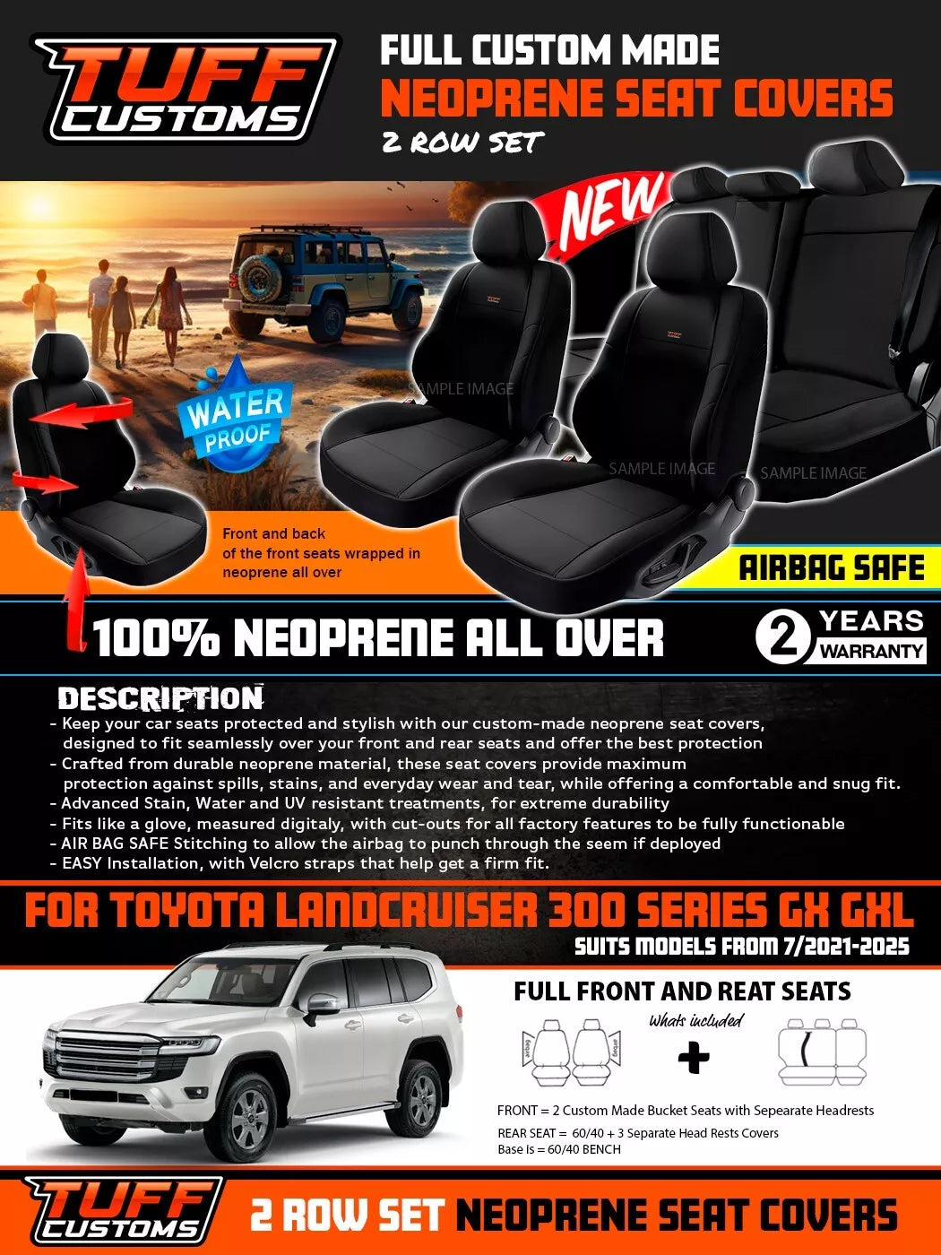 TUFF Customs S1 Neoprene Seat Covers 2 Rows For Toyota Landcruiser 200 Series GXL 11/2007-2021