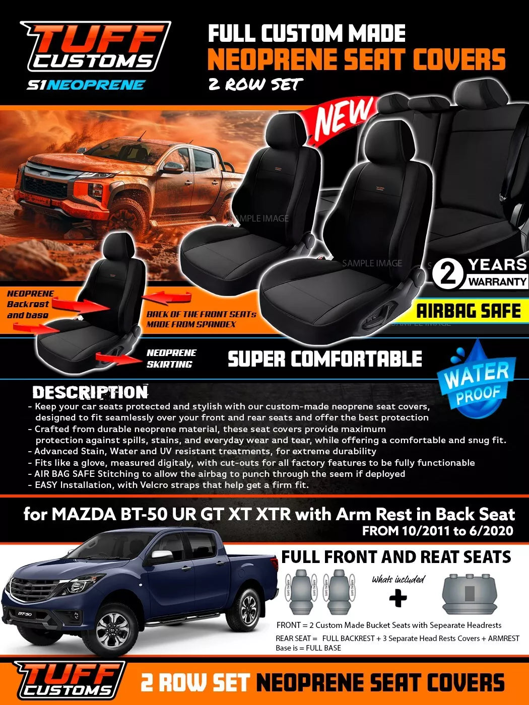 TUFF Customs S1 Neoprene Seat Covers 2 Rows For Mazda BT-50 UR XT XTR BT50 10/2015-2020