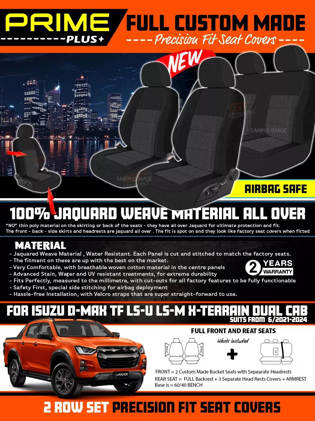PRIME PLUS Seat Covers 2 Rows Black For Isuzu D-MAX TF LS-U LS-M X-Terrain 6/2021-2025