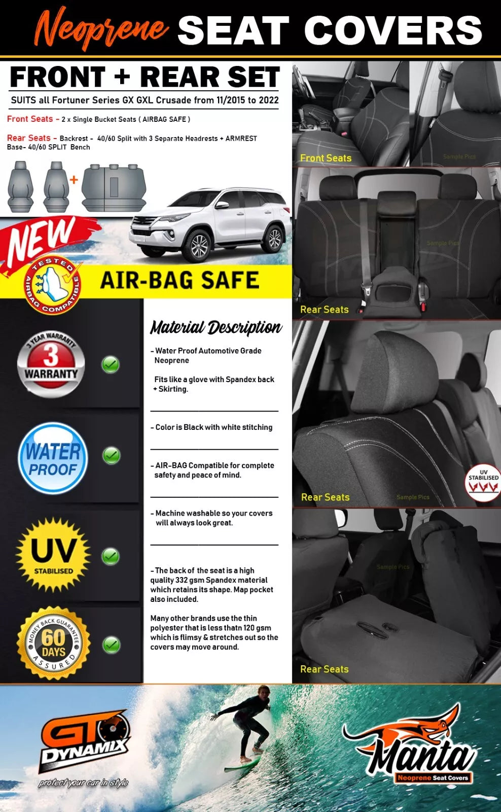 Manta Neoprene 2 Rows Seat Covers For Fortuner GX GXL Crusade 11/2015-2024
