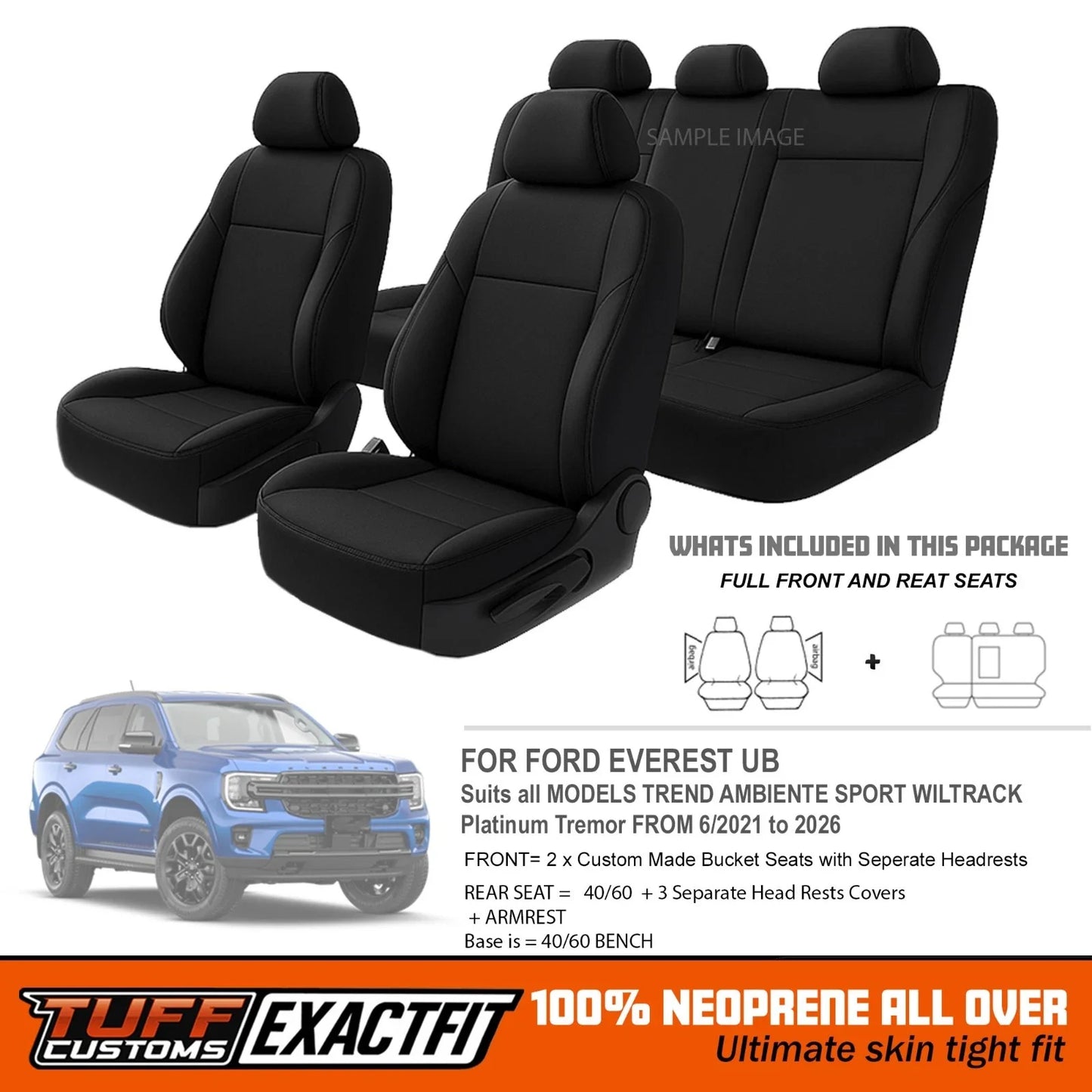 TUFF Customs EXACTFIT 2 Rows Neoprene Seat Covers FORD NEXT GEN Everest Platinum Wildtrack Trend Sports 2022-2026