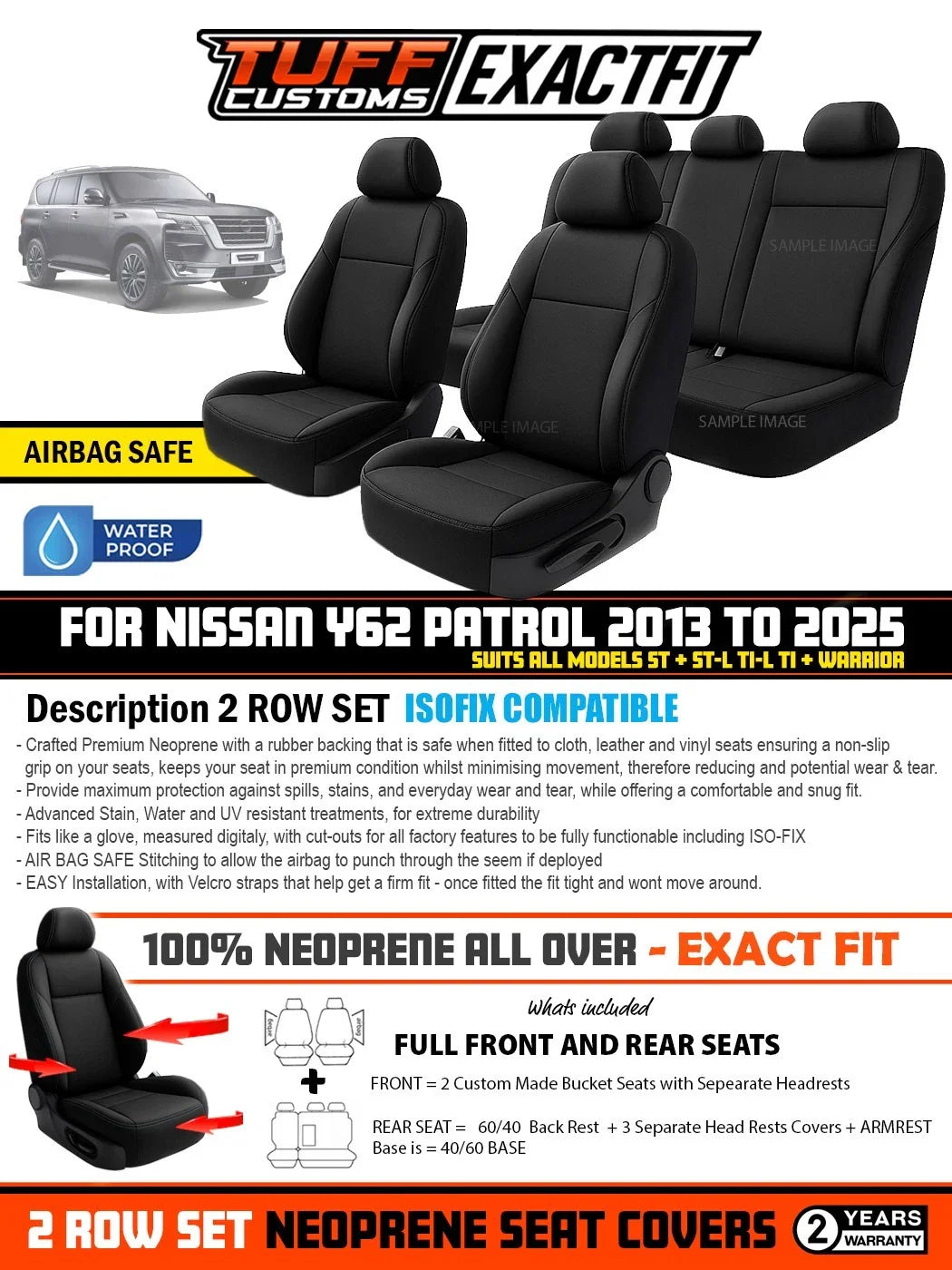TUFF Customs EXACTFIT 2 Rows Neoprene Seat Covers Nissan Patrol Y62 ST Ti Ti-L ST-L Warrior 2013/2025