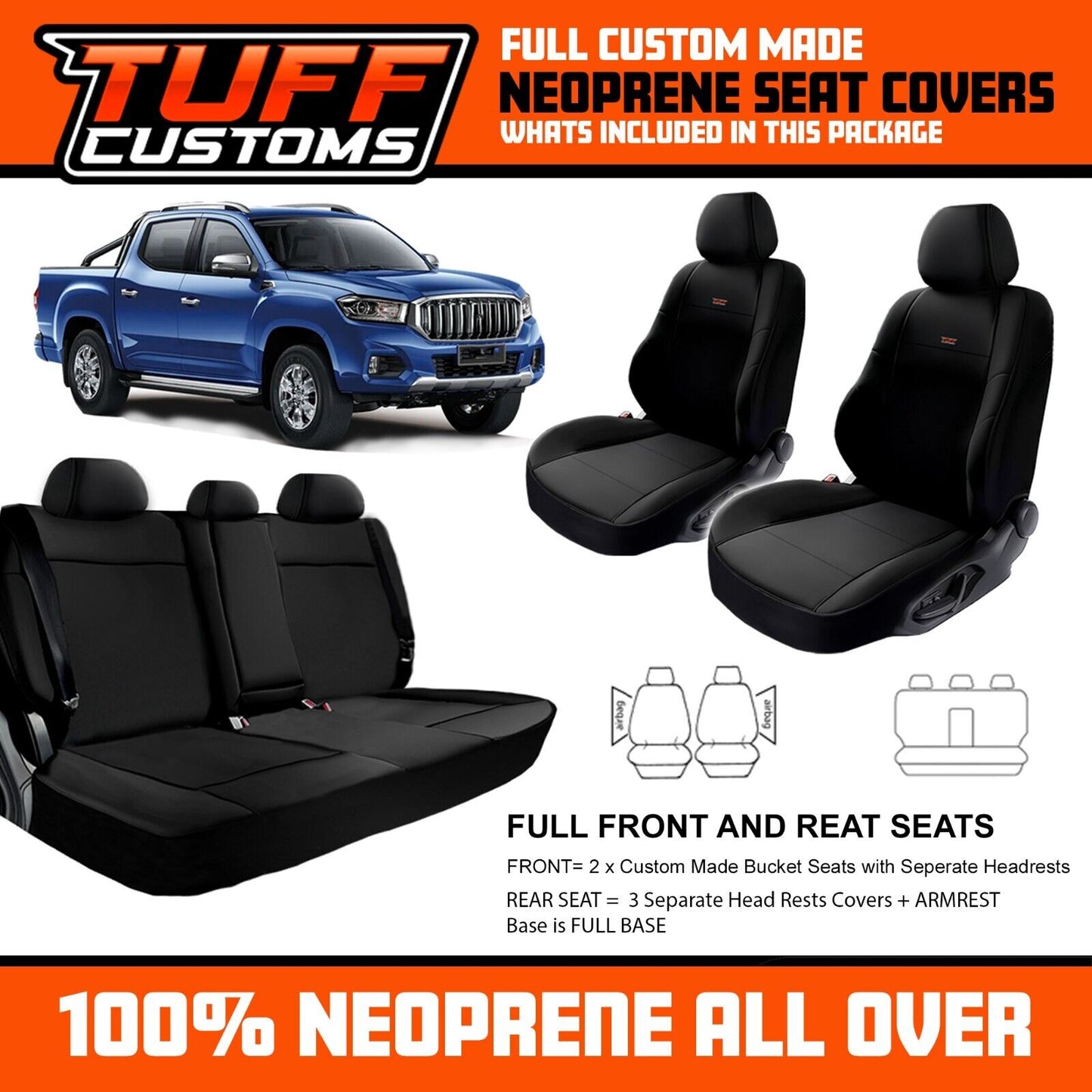 TUFF Customs Neoprene Seat Covers For LDV T60 SK8C Pro Trailrider Megatub 7/2017-2025 Black 2 Rows