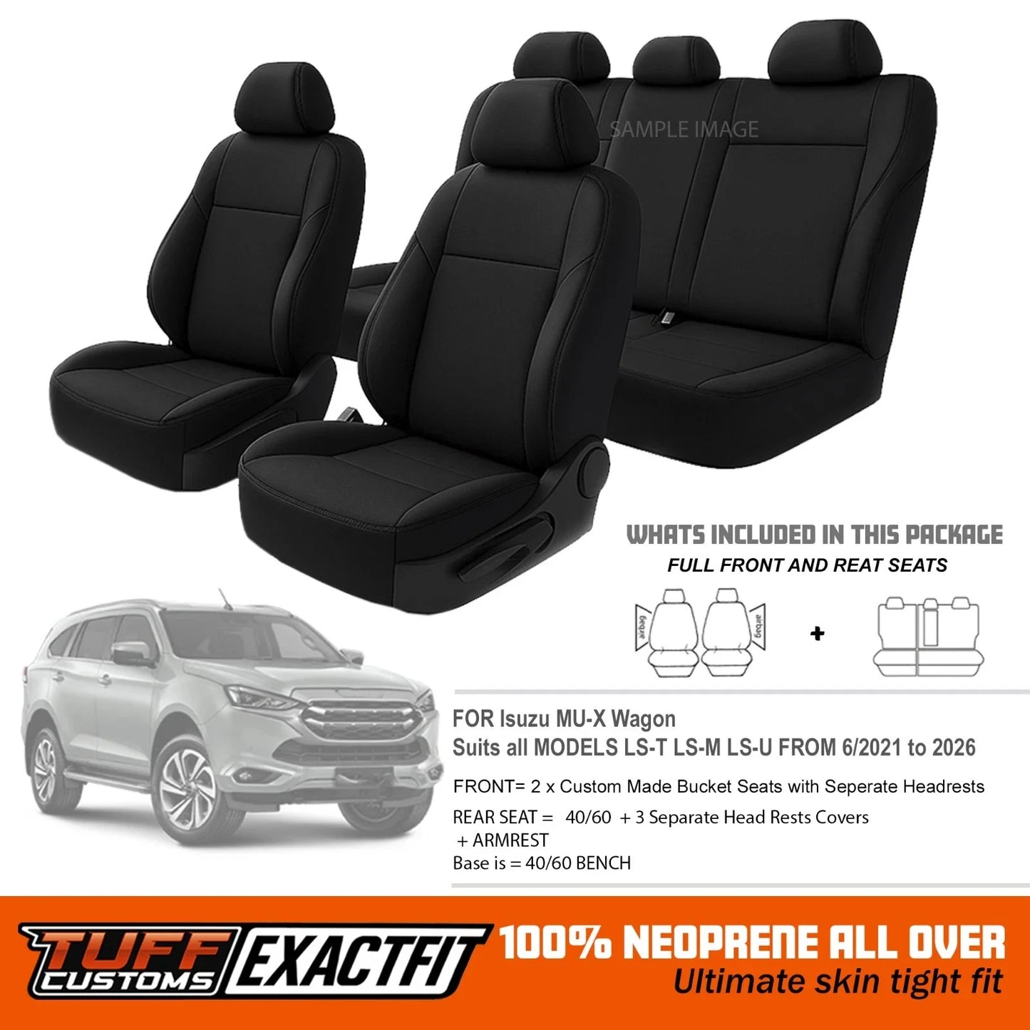 TUFF Customs EXACTFIT 2 Rows Neoprene Seat Covers Isuzu TF MU-X MUX LS-U LS-M LS-T 6/2021-2025