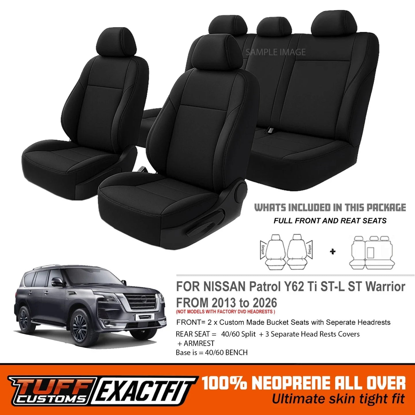 TUFF Customs EXACTFIT 2 Rows Neoprene Seat Covers Nissan Patrol Y62 ST Ti Ti-L ST-L Warrior 2013/2025