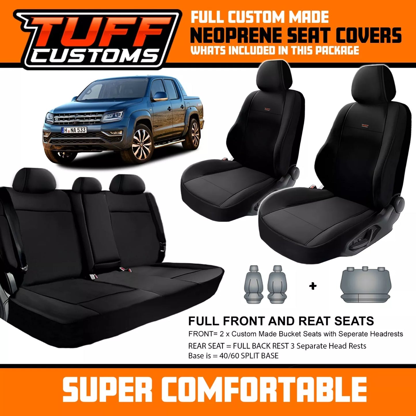 TUFF Customs S1 Neoprene Seat Covers For Volkswagen Amarok 2H Core Highline 6/2010-11/2022 Black 2 Rows