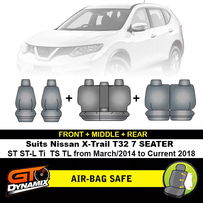 Premium Seat Covers 3 Rows Black For Nissan X-TRAIL T32 ST ST-L Ti 3/2014-7/2022