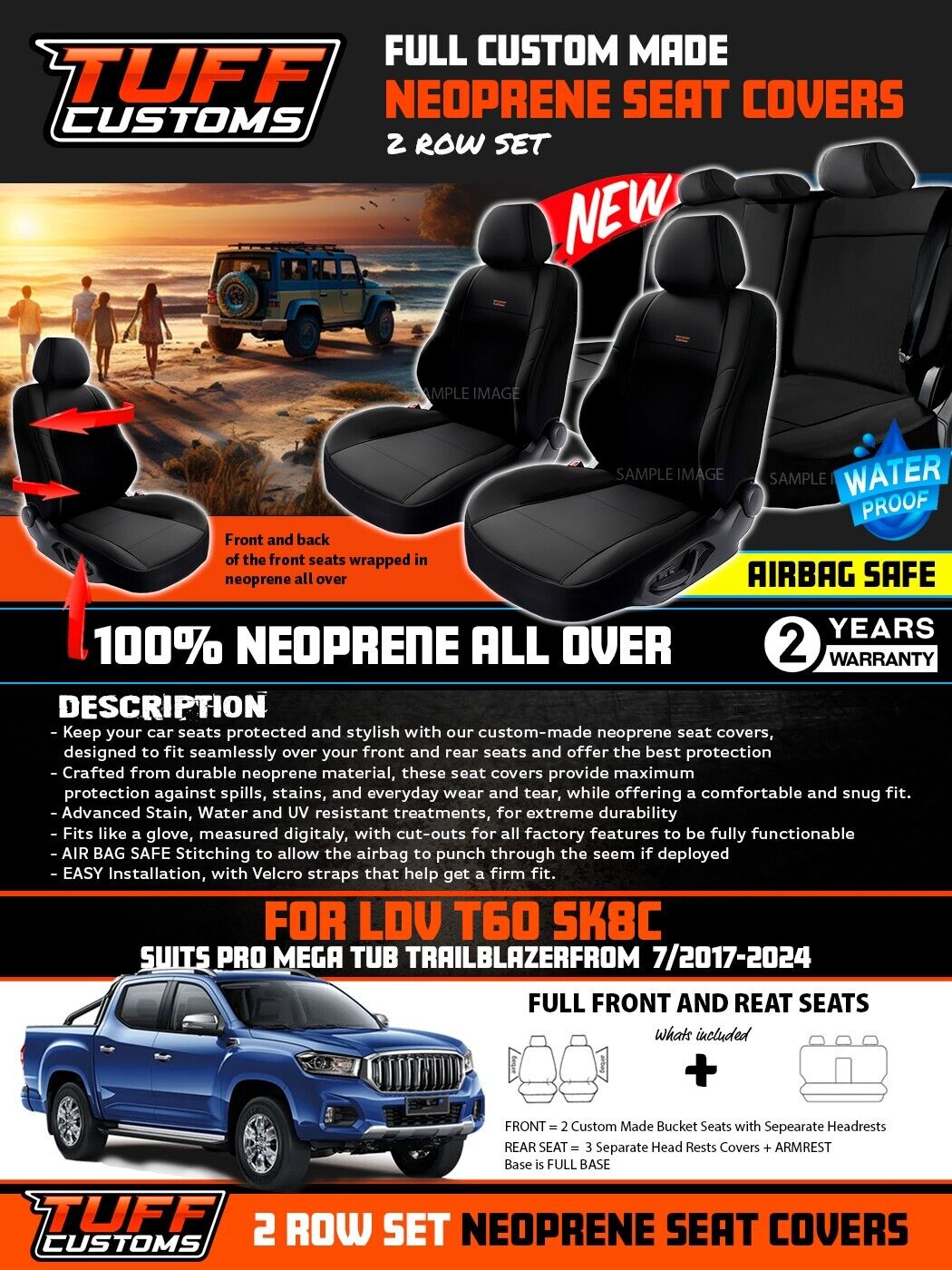 TUFF Customs Neoprene Seat Covers For LDV T60 SK8C Pro Trailrider Megatub 7/2017-2025 Black 2 Rows