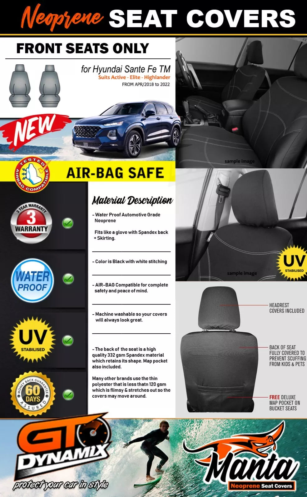 Manta Neoprene Front Seat Covers For Hyundai Sante Fe TM ACTIVE ELITE 2018-2025