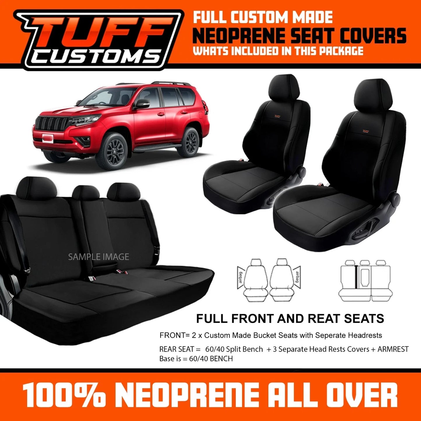 TUFF Customs Neoprene Seat Covers for Toyota Prado 150 GX GXL VX 6/2021-7/2024 Black 2 Rows