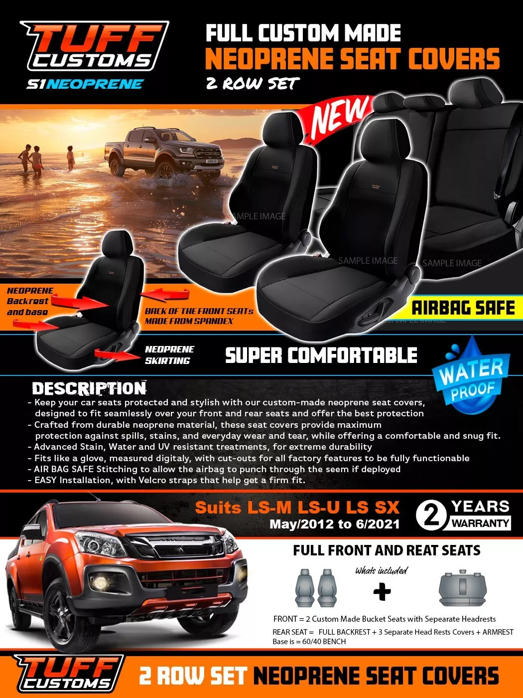 TUFF Customs S1 Neoprene Seat Covers For Isuzu Dmax D-MAX Dual Cab LS-U LS-M 2012-2021 Black 2 Rows