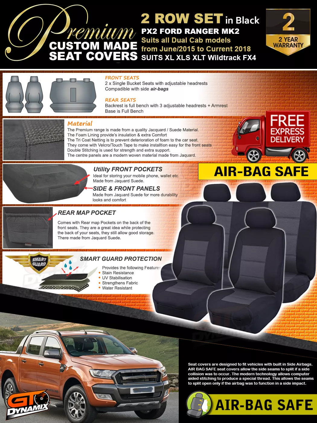 Premium Seat Covers 2 Rows Black For FORD PX2 RANGER MK2 MK3 Dual Cab XLTXL 6/2015-2022