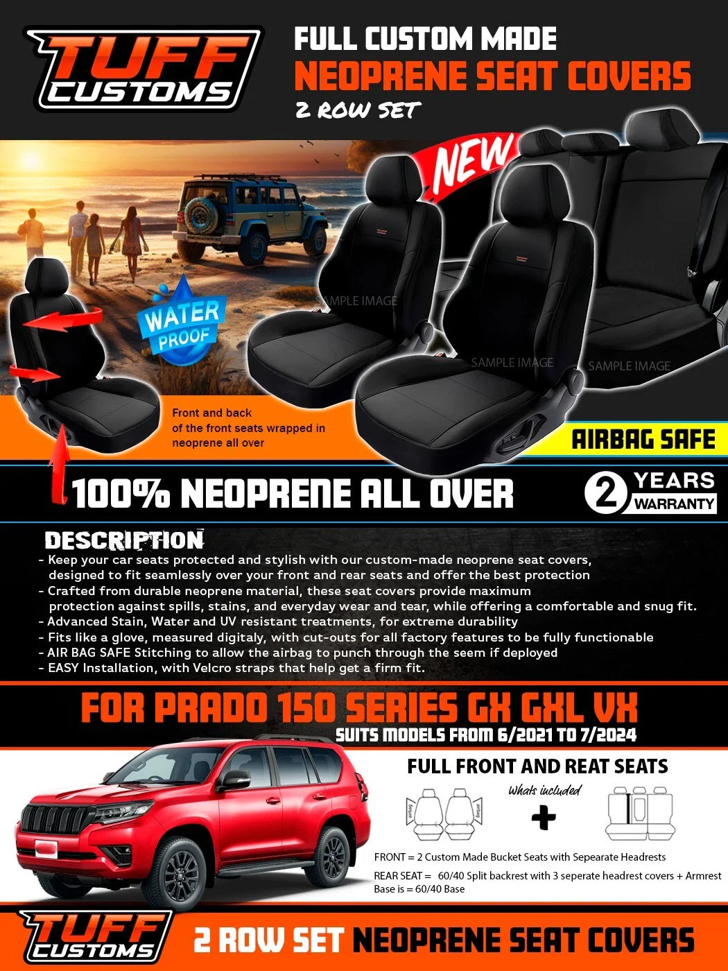 TUFF Customs Neoprene Seat Covers for Toyota Prado 150 GX GXL VX 6/2021-7/2024 Black 2 Rows