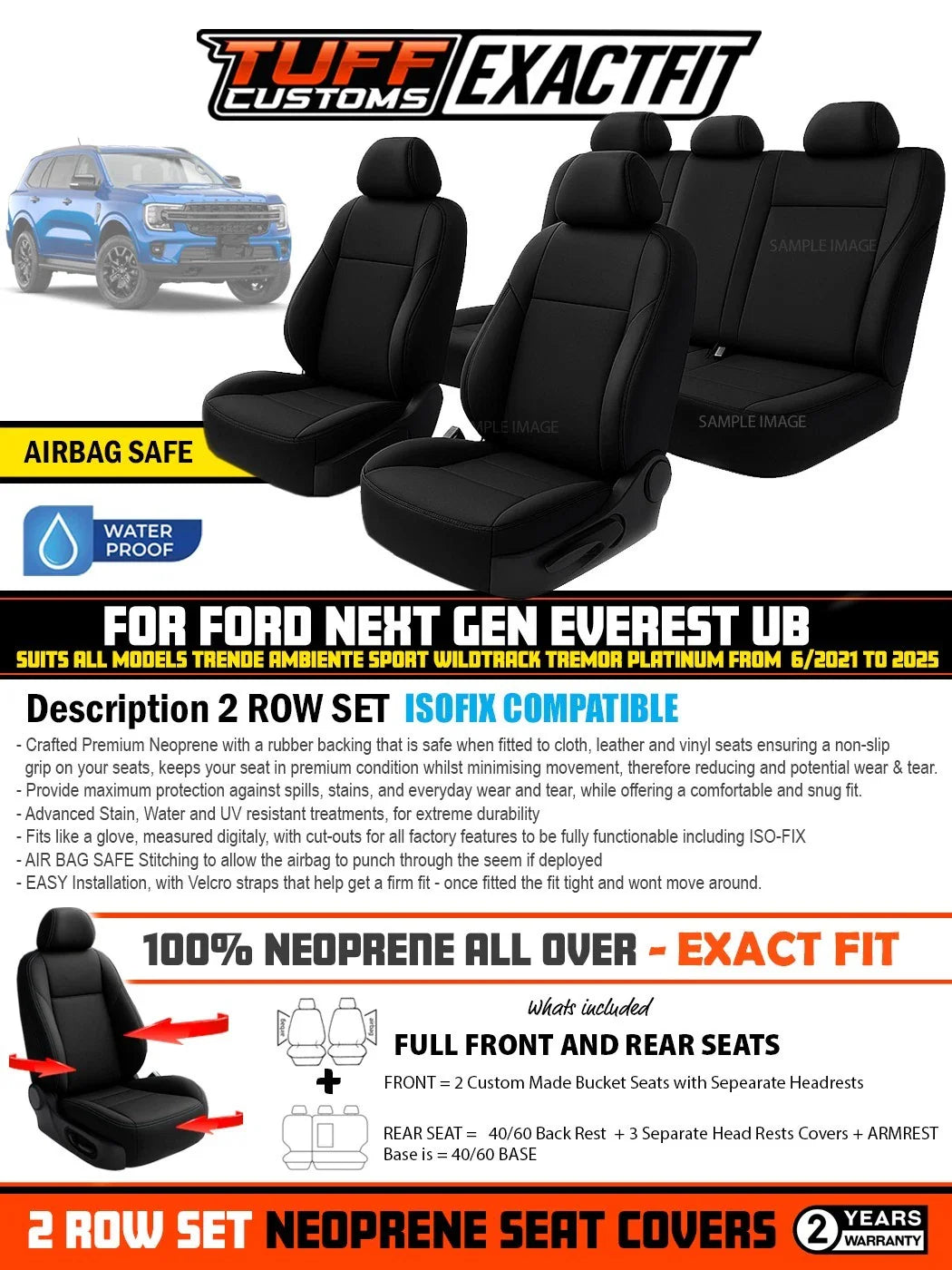 TUFF Customs EXACTFIT 2 Rows Neoprene Seat Covers FORD NEXT GEN Everest Platinum Wildtrack Trend Sports 2022-2026