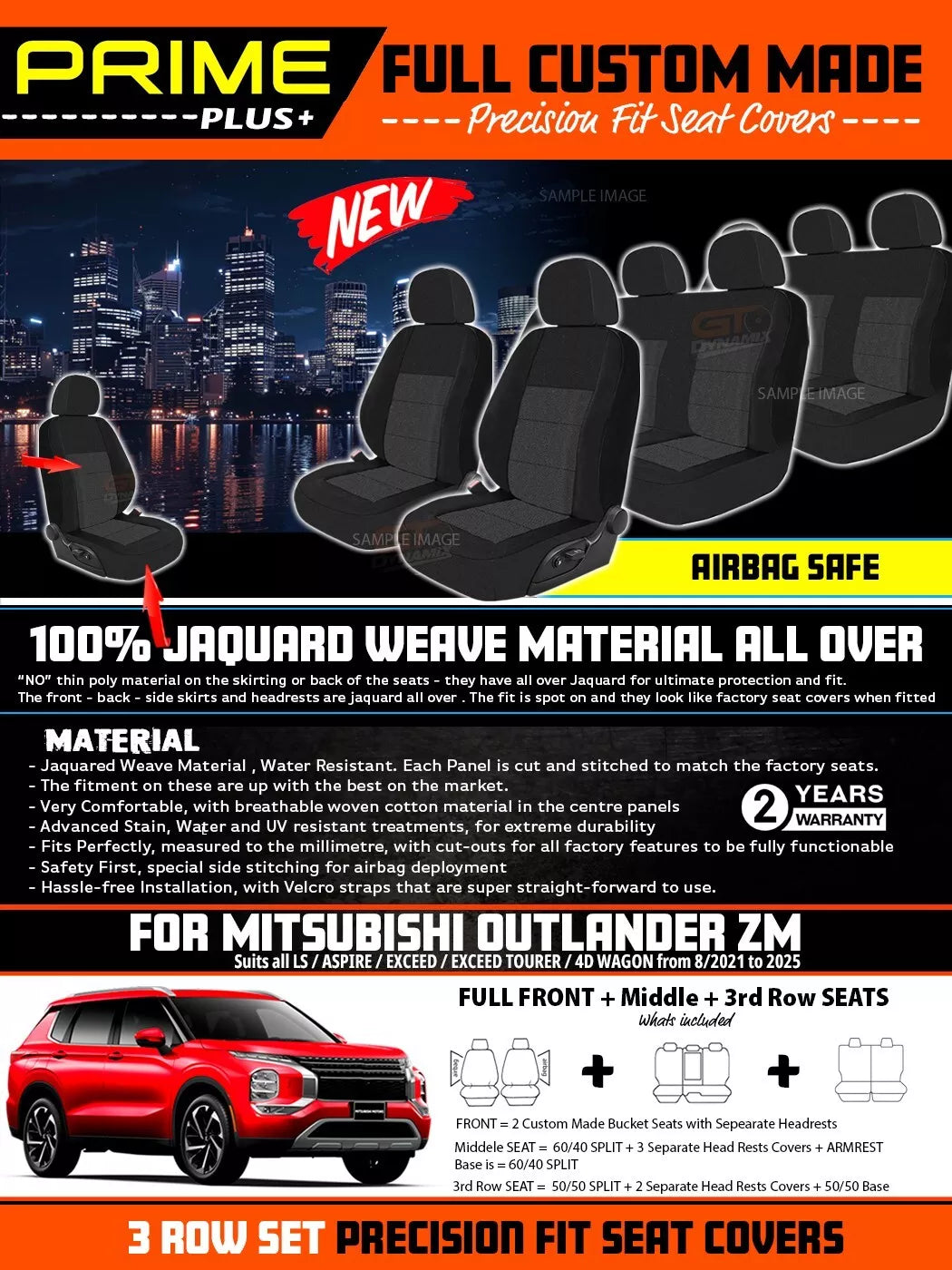 PRIME PLUS Seat Covers 3 Rows Black For Mitsubishi Outlander ZM LS Aspire Exceed 8/2021-2025