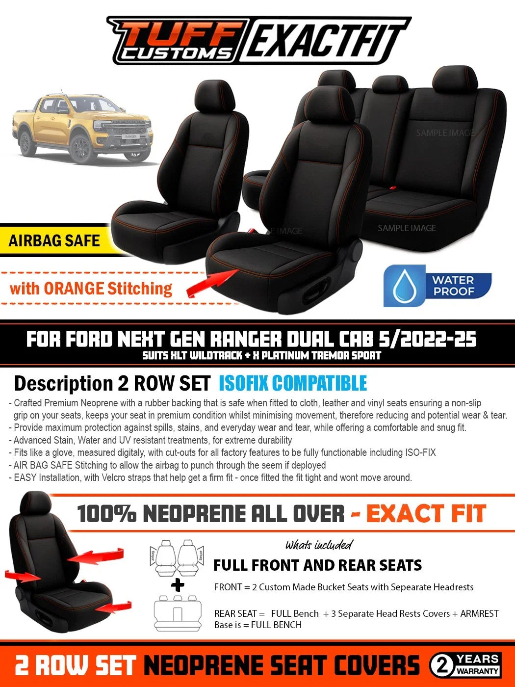TUFF Customs EXACTFIT 2 Rows Neoprene Seat Covers FORD NEXT GEN Ranger XLT SPORT 2022-2026