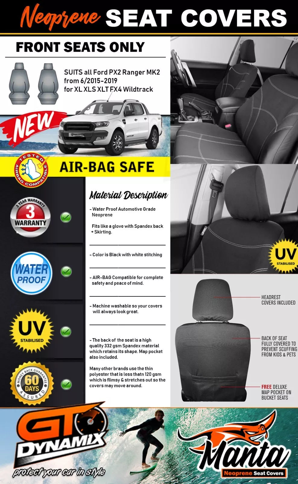 Manta Neoprene Front Seat Covers For FORD PX2 PX3 RANGER 6/2015-2022