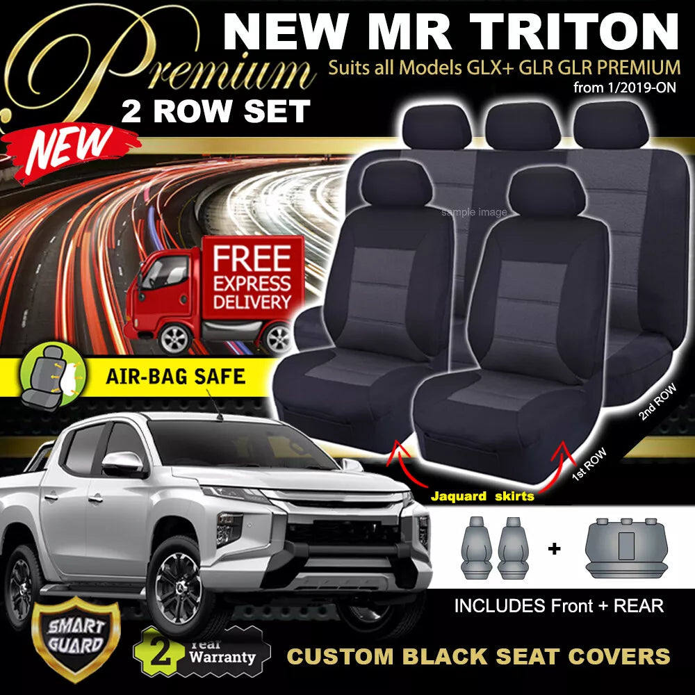 Premium Seat Covers 2 Rows Black For Mitsubishi Triton MQ MR GLX GLS GLX+ 2015-2023