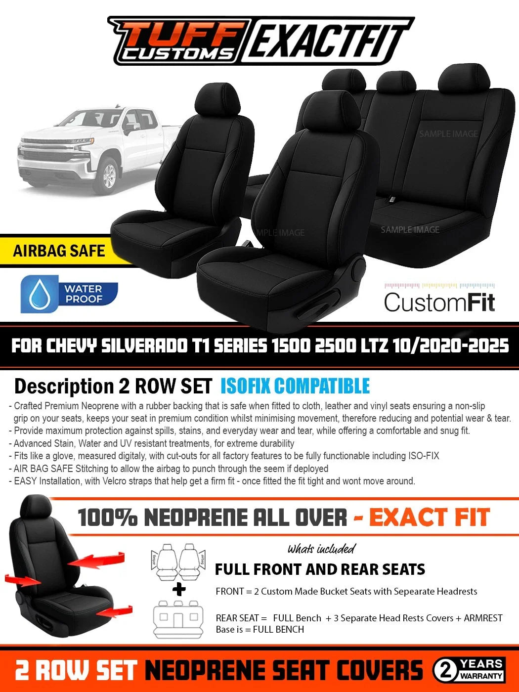TUFF Customs EXACTFIT 2 Rows Neoprene Seat Covers Chevrolet Silverado T1 Series 1500 2500 2020-2025