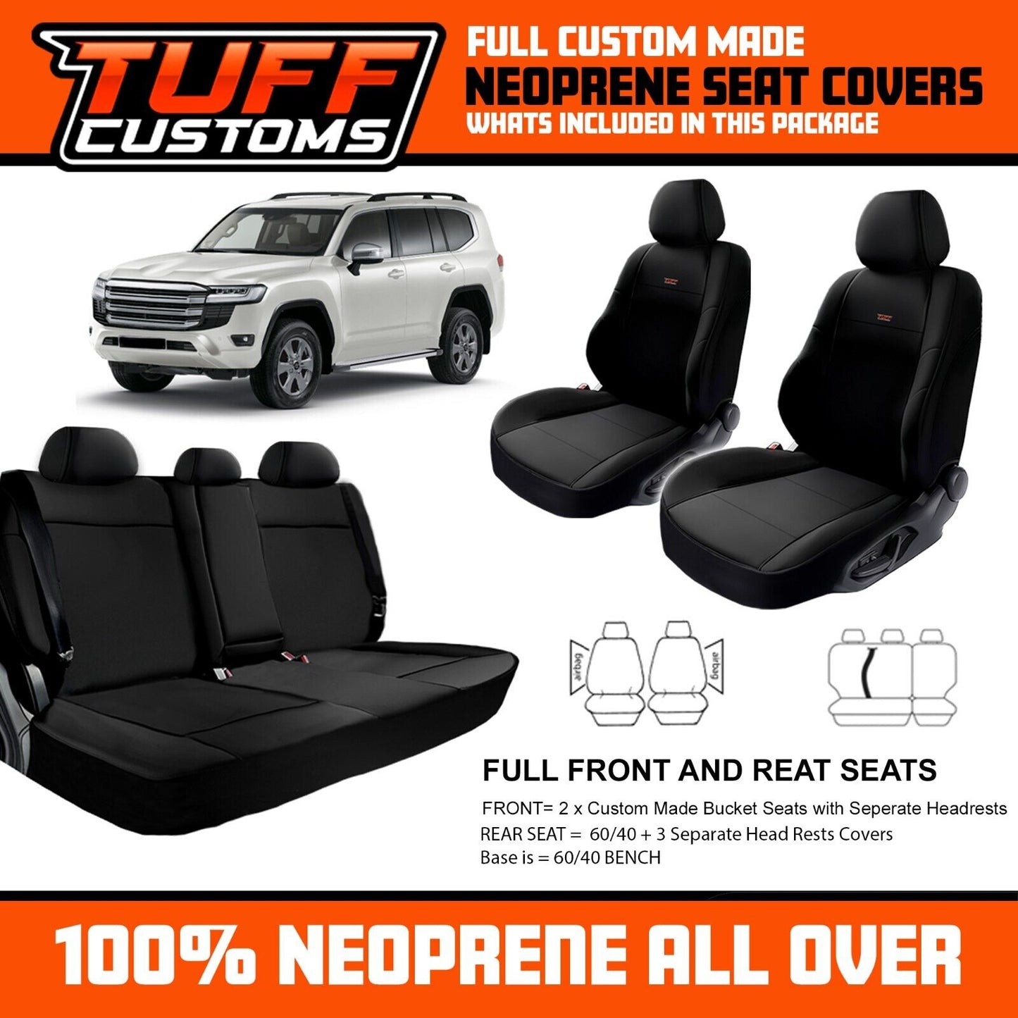 TUFF Customs Neoprene Seat Covers For Toyota Landcruiser 300 Series GX GXL 7/2021-3/2025 Black 2 Rows