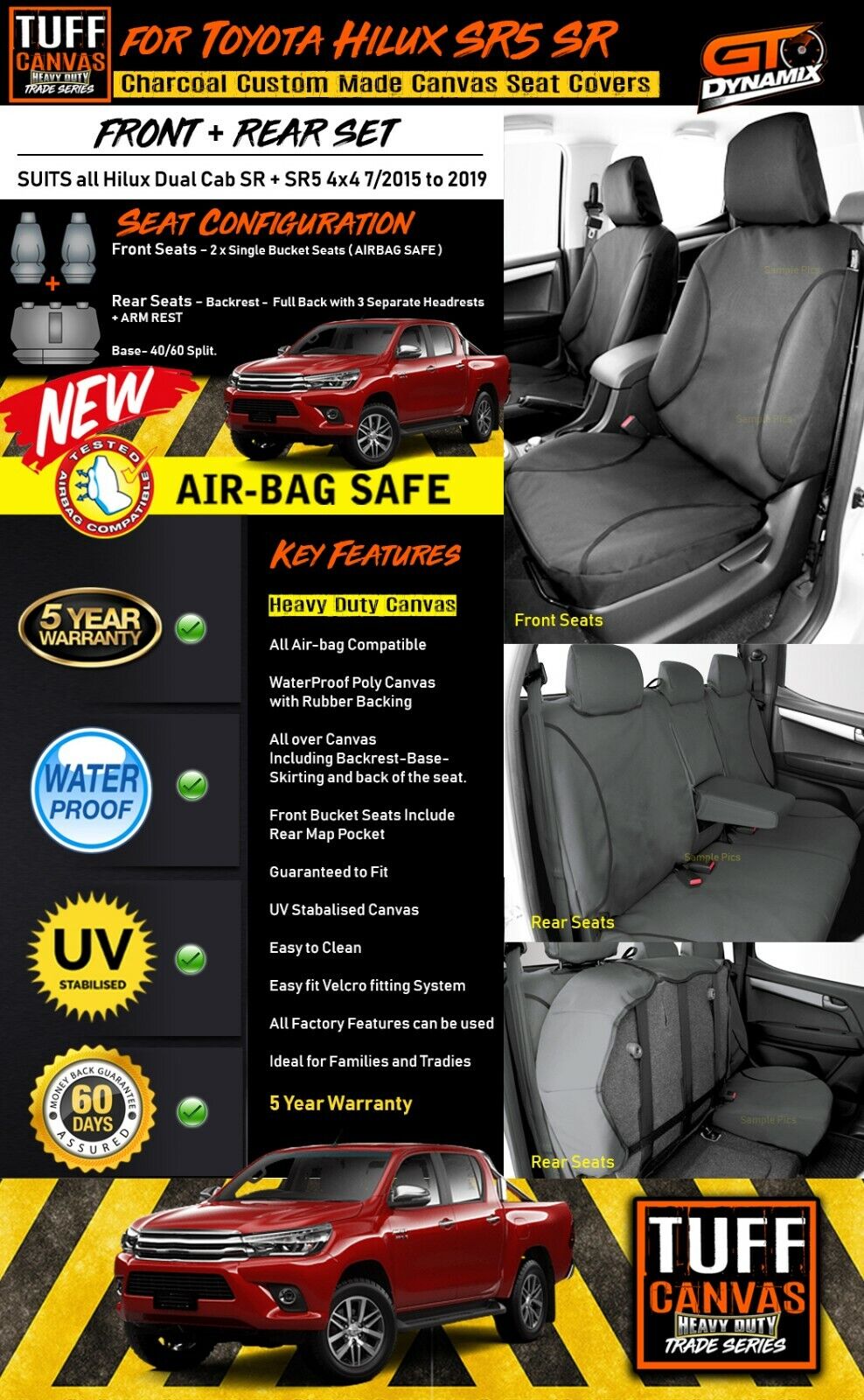 TUFF HD TRADE Canvas Seat Covers 2 Rows For Toyota Hilux SR5 SR GUN126R 7/2015-2025 Charcoal