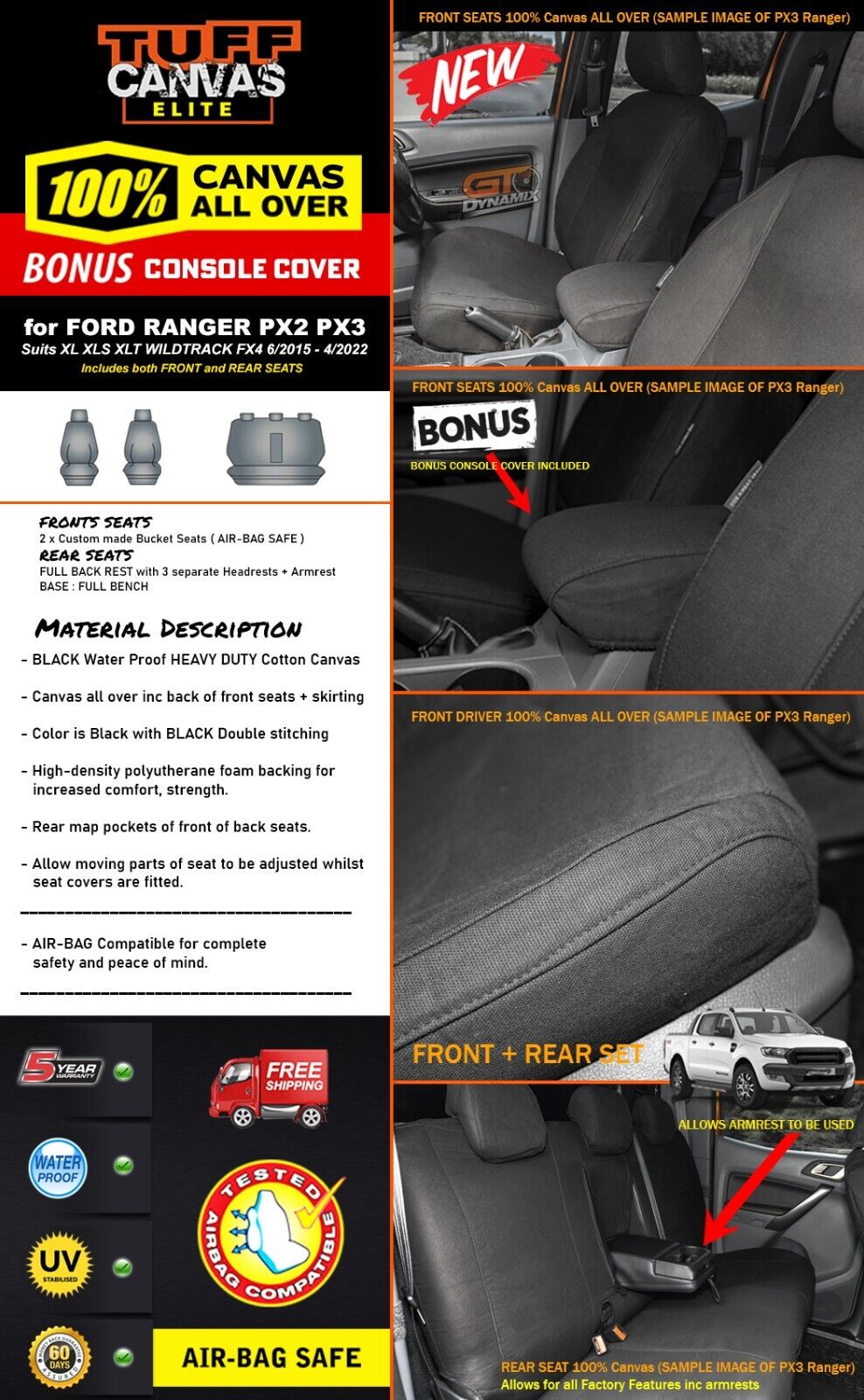 Tuff Elite Canvas Seat Covers 2 Rows For Ford Ranger PX2 PX3 Wildtrack Dual Cab 2015-2023 Black