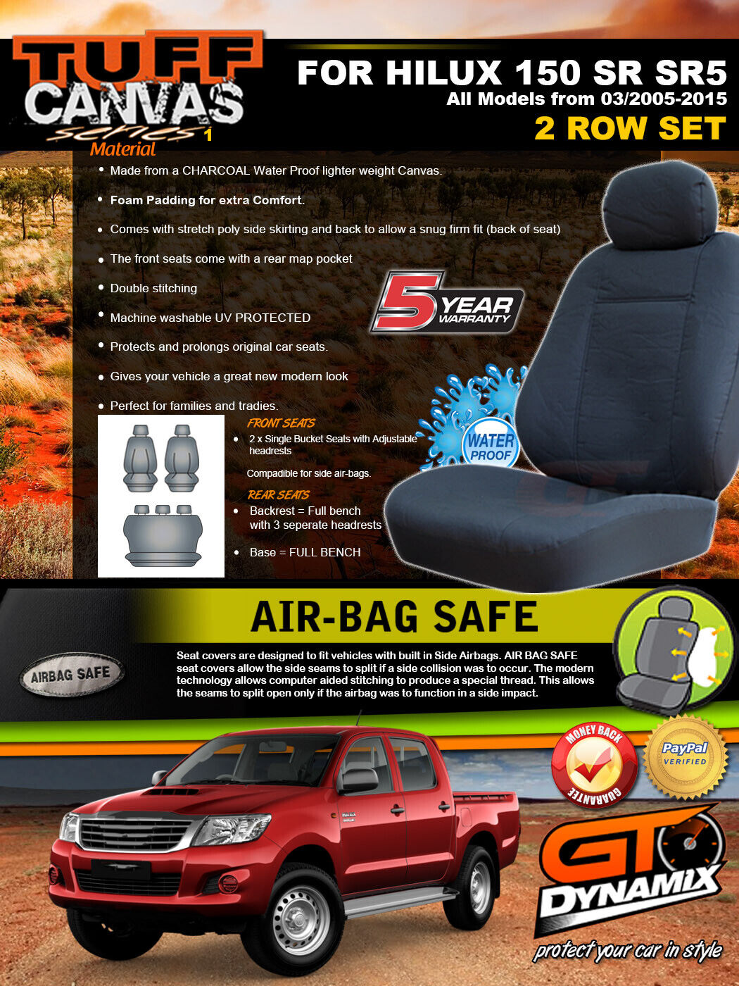 Tuff Canvas Seat Covers 2 Row For Toyota Hilux 150 SR5 SR 3/2005-2015 Charcoal