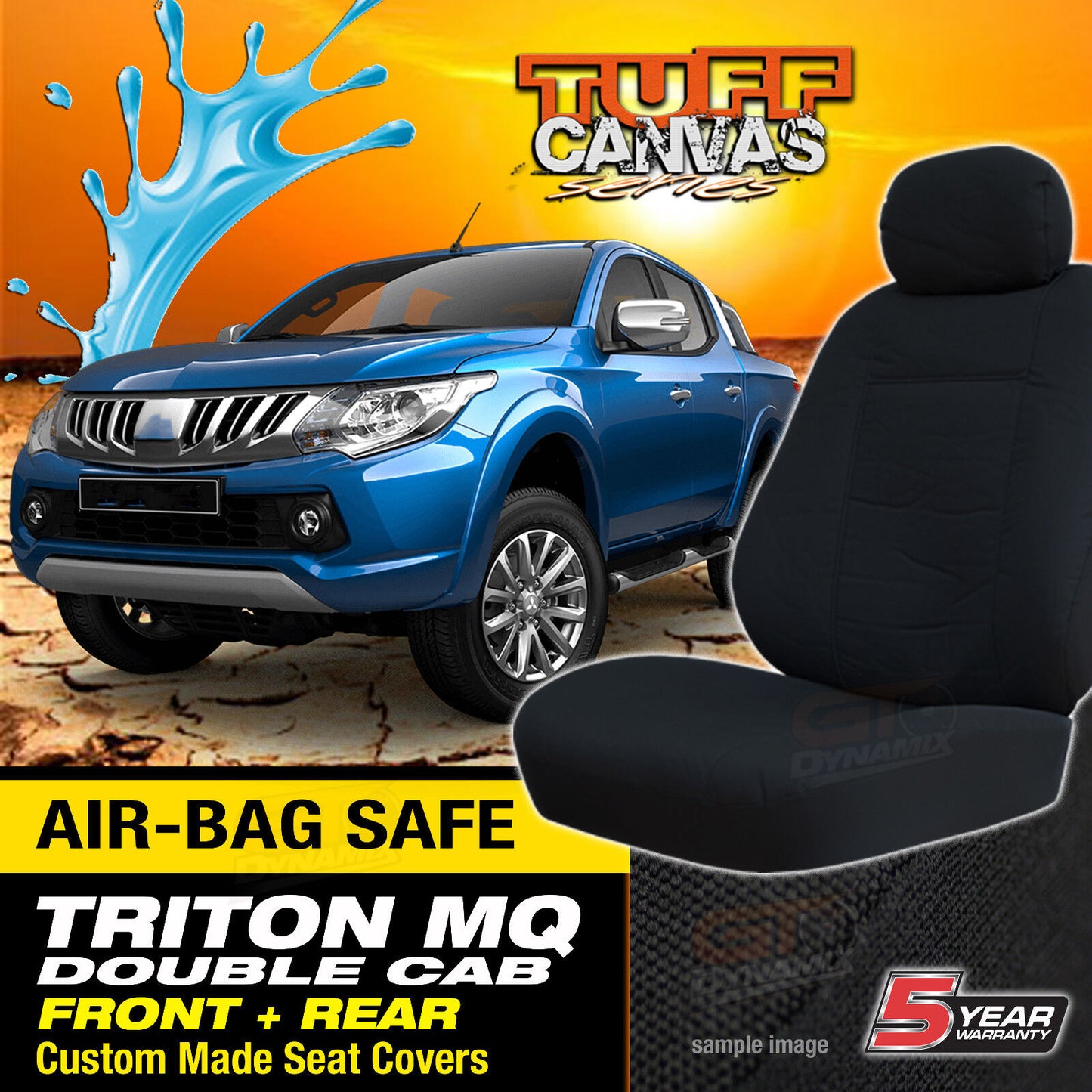 Tuff Canvas Seat Covers 2 Row + Dash Mat For Mitsubishi Triton MQ GLS EXCEED GLX 5/2015-2018 Black