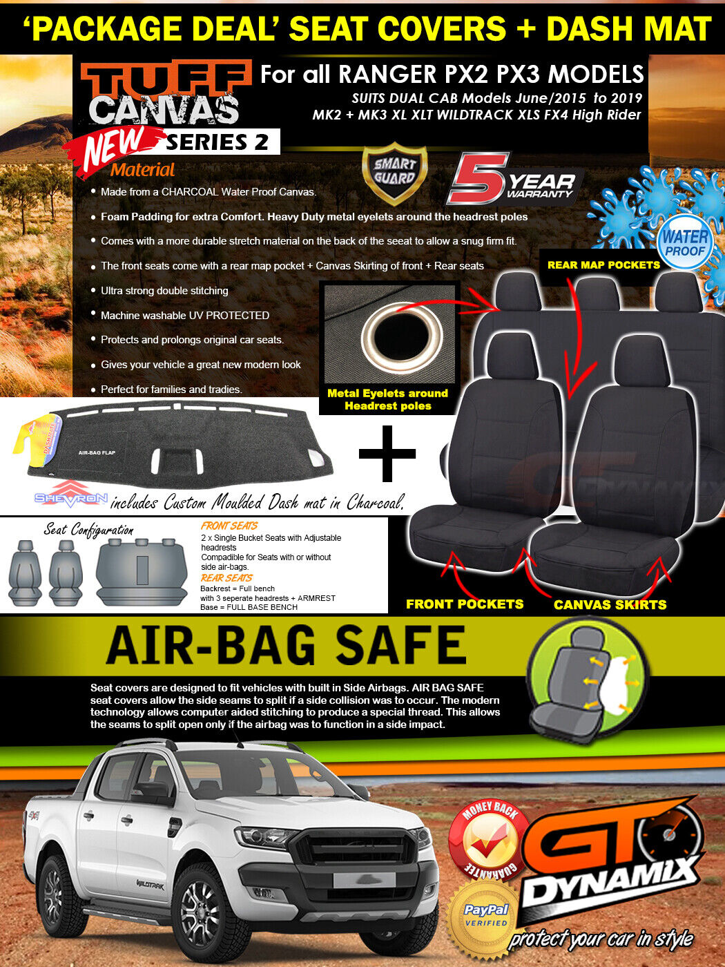 Tuff Canvas Seat Covers 2 Rows + Dash Mat For Ford PX RANGER MK2 MK3 6/2015-2020 Charcoal