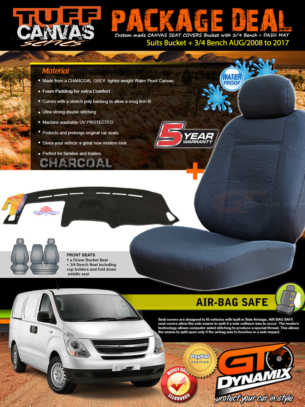 Tuff Canvas Seat Covers Front + Dash Mat For Hyundai Iload I-LOAD Charcoal