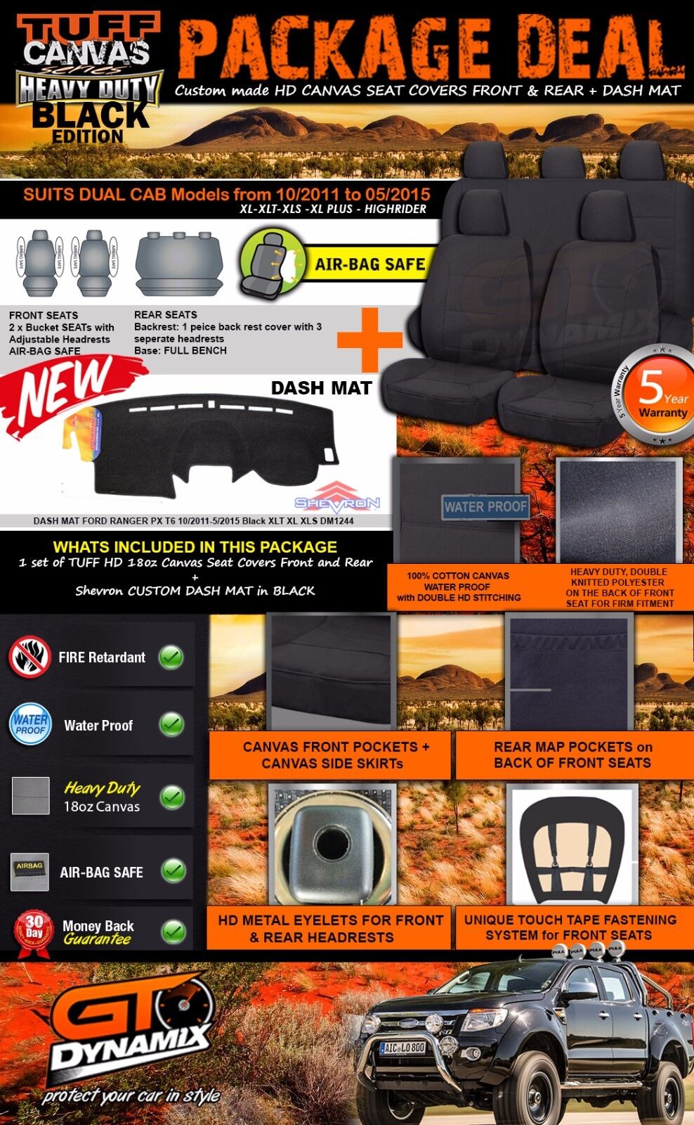 Tuff HD Canvas Seat Covers 2 Rows + Dash Mat For Ford PX RANGER Dual Cab 2011-5/2015 Black