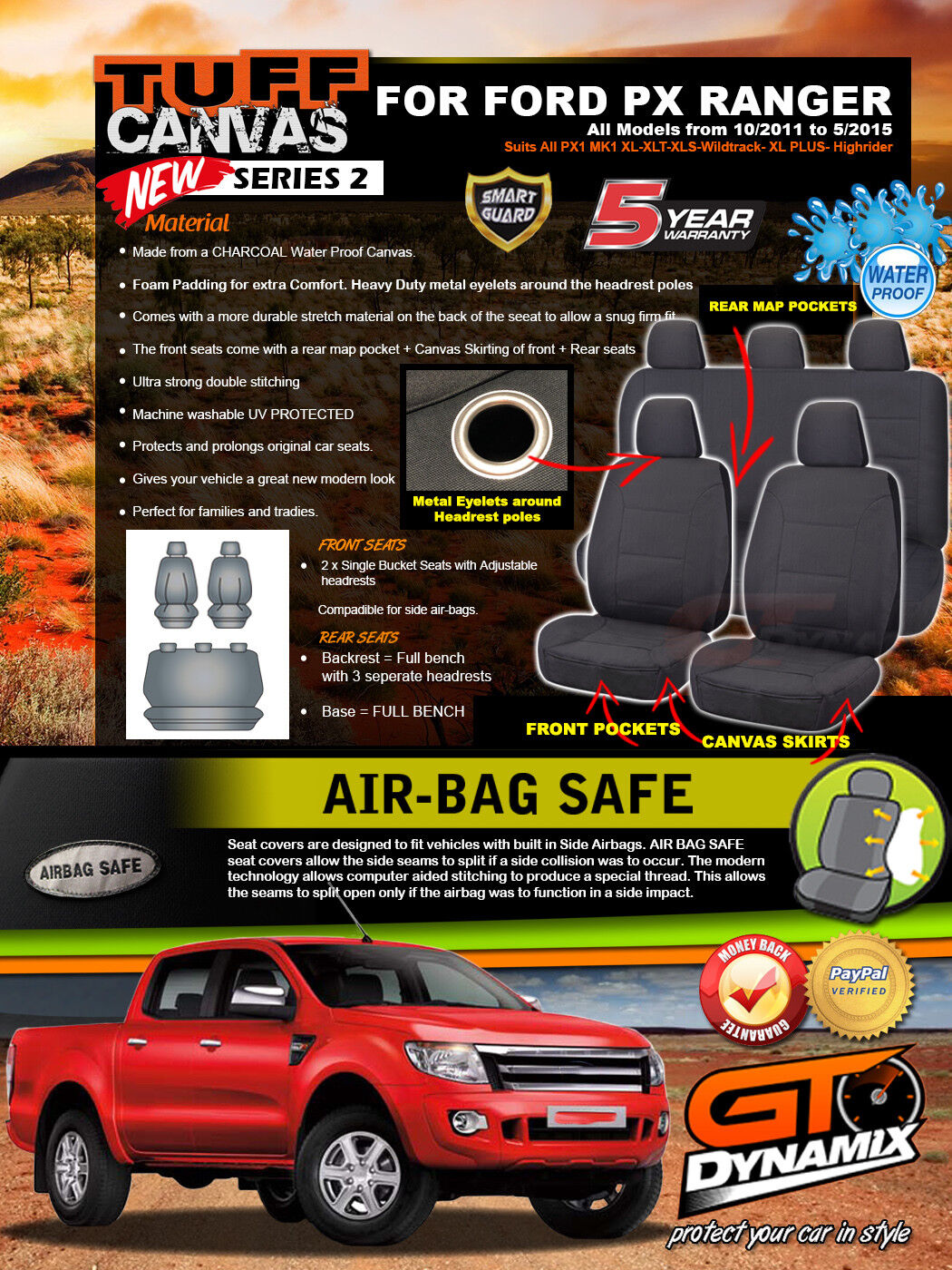 Tuff Canvas Seat Covers 2 Row For Ford PX Ranger MK1 Dual Cab XL XLT 2011-2015 Charcoal